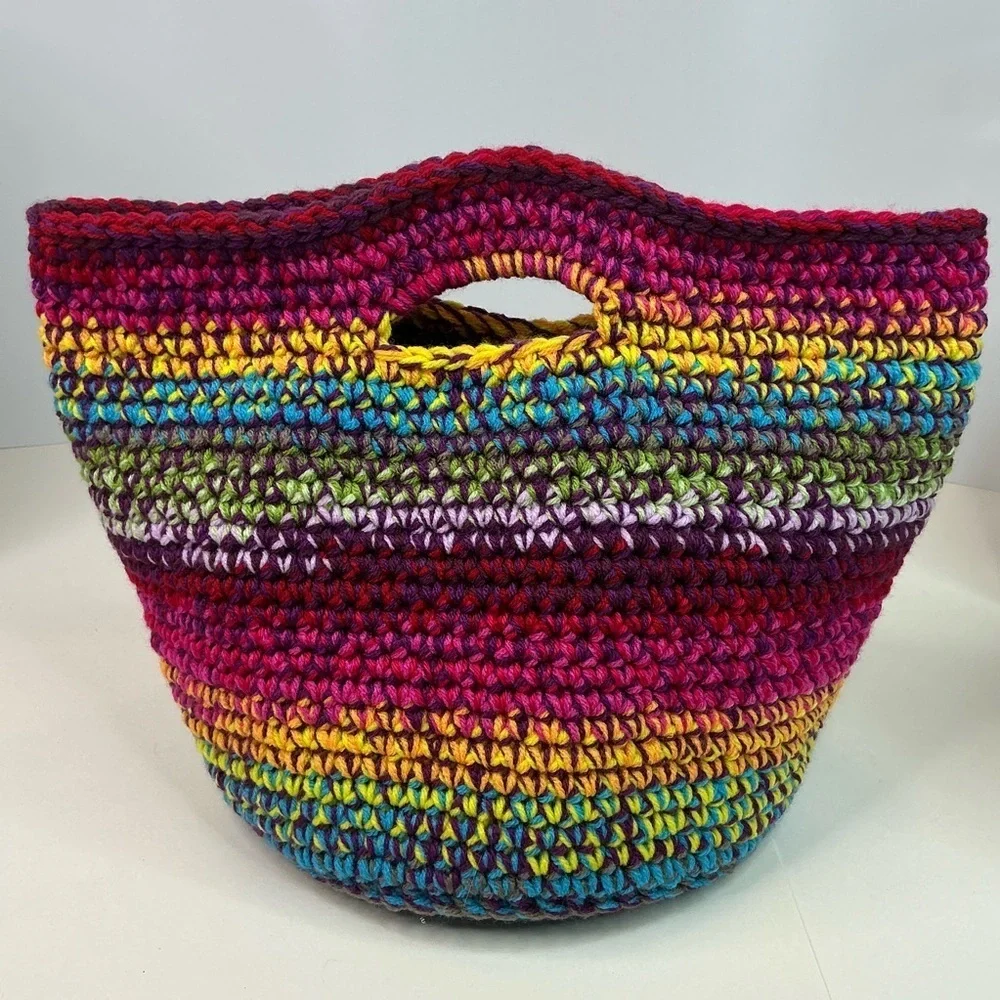 Handcrafted Multicolor Crochet Scrap Woven Tote Bag Basket Storage Handmade Knit